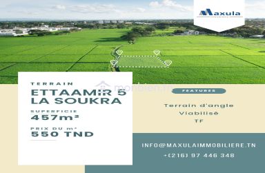 À VENDRE TERRAIN D’UNE SUPERFICIE DE 457M² À CITÉ ETTAAMIR 5 À LA SOUKRA